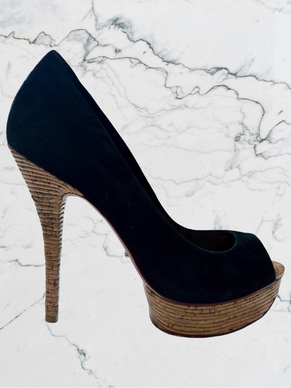 Schutz Black Suede Peep-Toe Platform Stiletto Heels Cork Bamboo Texture Sz 10 - Picture 13 of 13